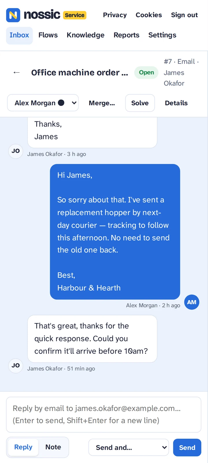 An email ticket in the Nossic app on Android
