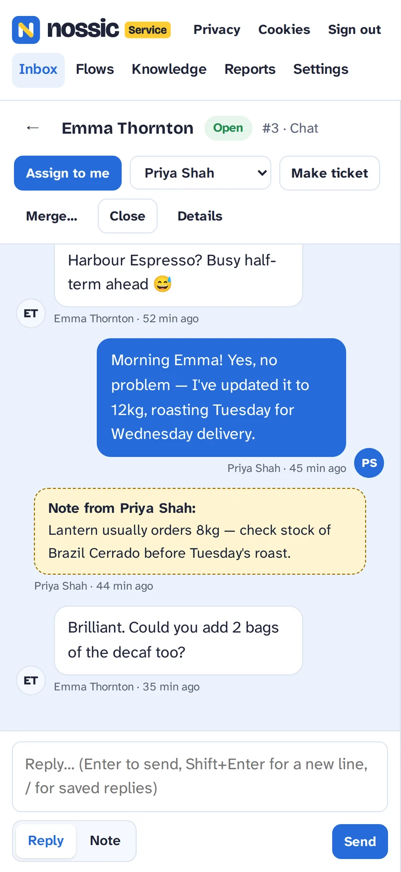 A live chat being answered in the Nossic app on iPhone