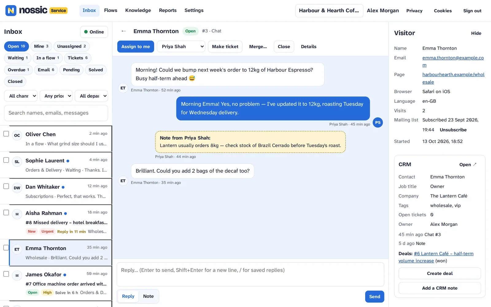 The Nossic app on Linux: the Nossic Service inbox with a live chat, a team note and the customer's CRM details alongside